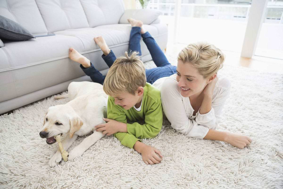 happy mother and son lying with dog on clean carpet